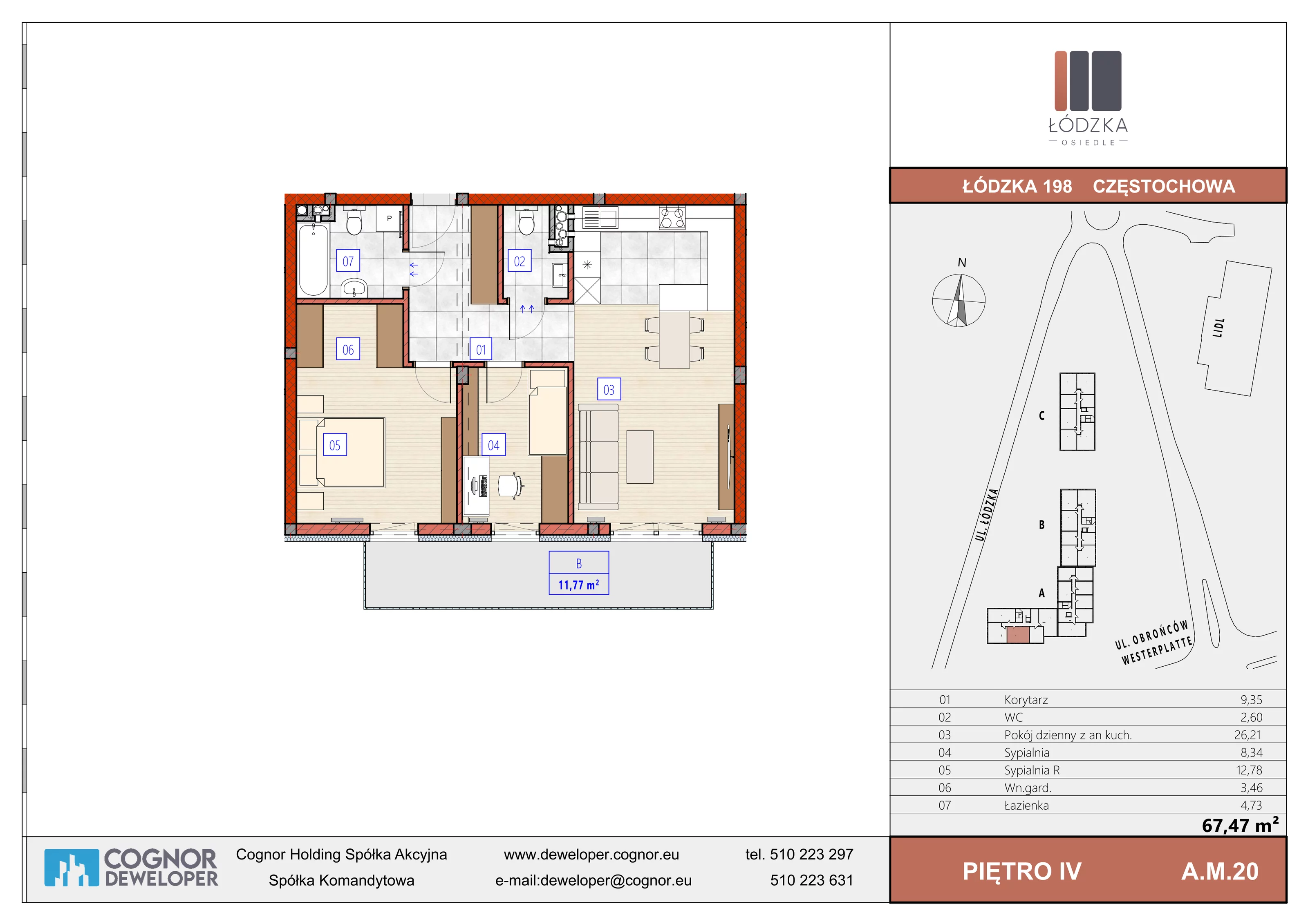 3 pokoje, mieszkanie 67,47 m², piętro 4, oferta nr A.M.20, Łódzka Osiedle, Częstochowa, Częstochówka-Parkitka, ul. Łódzka 198, 200, 202